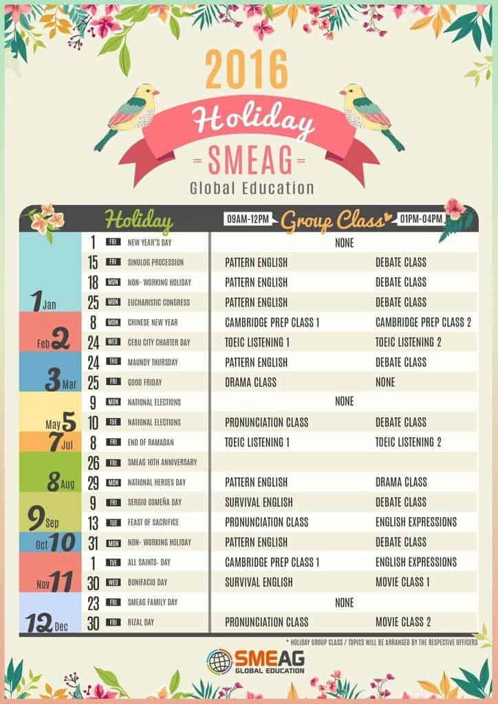 SMEAG 2016 Holiday Schedule