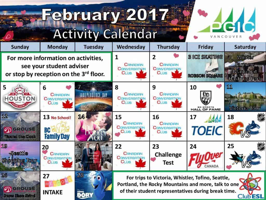 加拿大語言學校PGIC201702課外活動行事曆