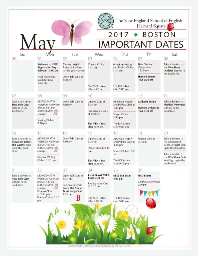 美國波士頓語言學校NESE 5月份課外活動行事曆