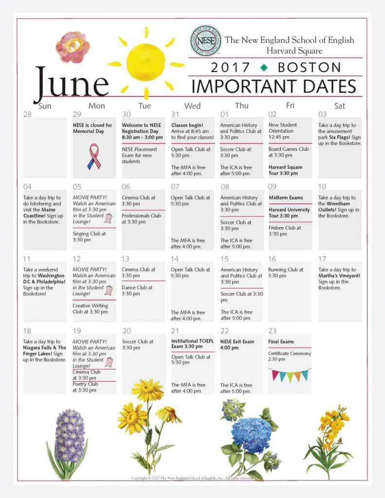 美國波士頓NESE語言學校2017年6月份課外活動行事曆