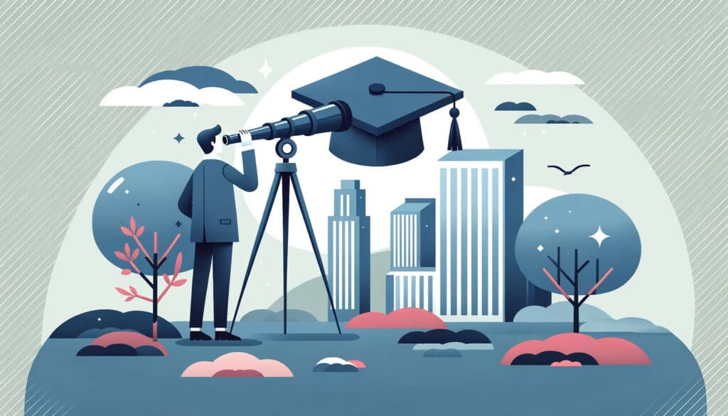 插圖：一個學生用望遠鏡看向遠方，望遠鏡的視線指向畢業帽和一棟摩天大樓。